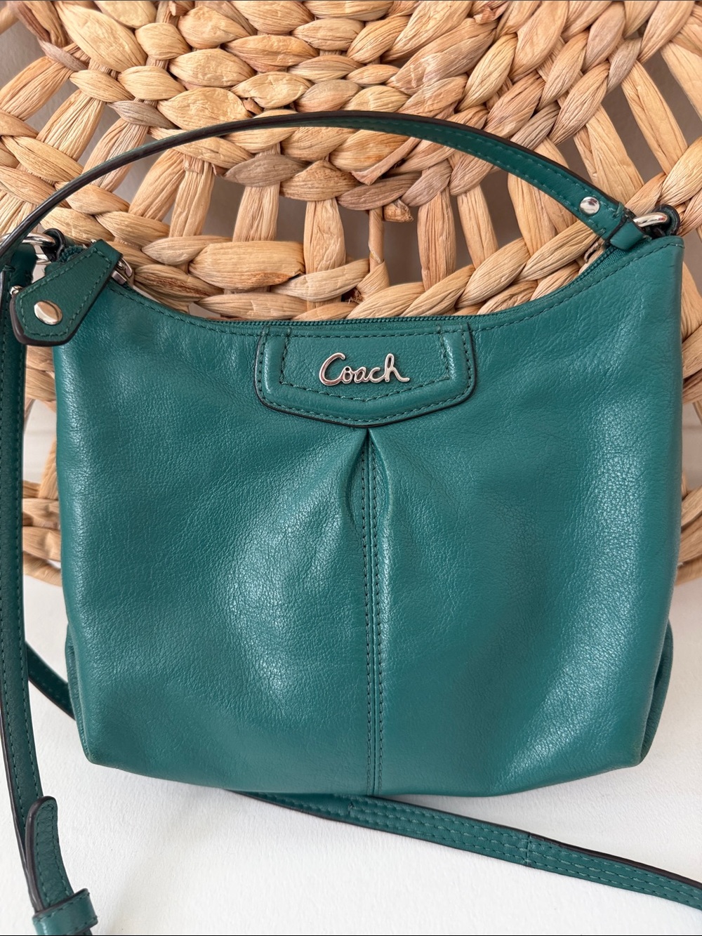 Coach Turquoise Leather Crossbody Bag Adjustable Strap Teal Purse - Picture 2 of 5